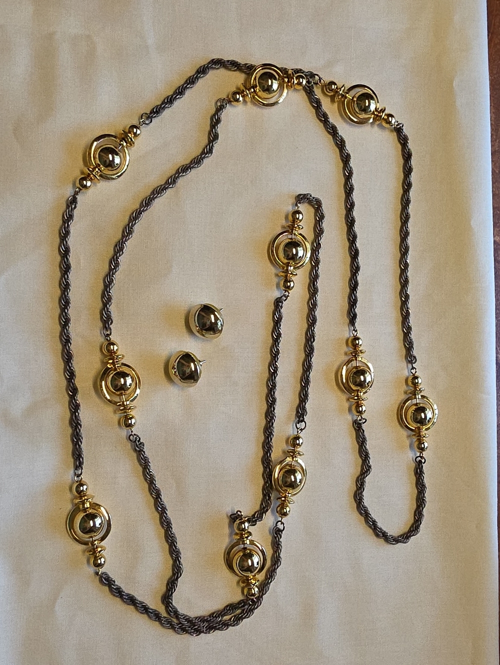 Long Two-Tone Bead Necklace with Matching Stud Earrings - Gold and Gunmetal